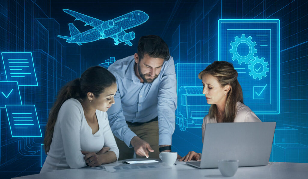 Three professionals collaborating at a desk with laptops and documents, overlaid with blue digital graphics of an airplane, checklists, and gears, suggesting AI-powered logistics or workflow automation.