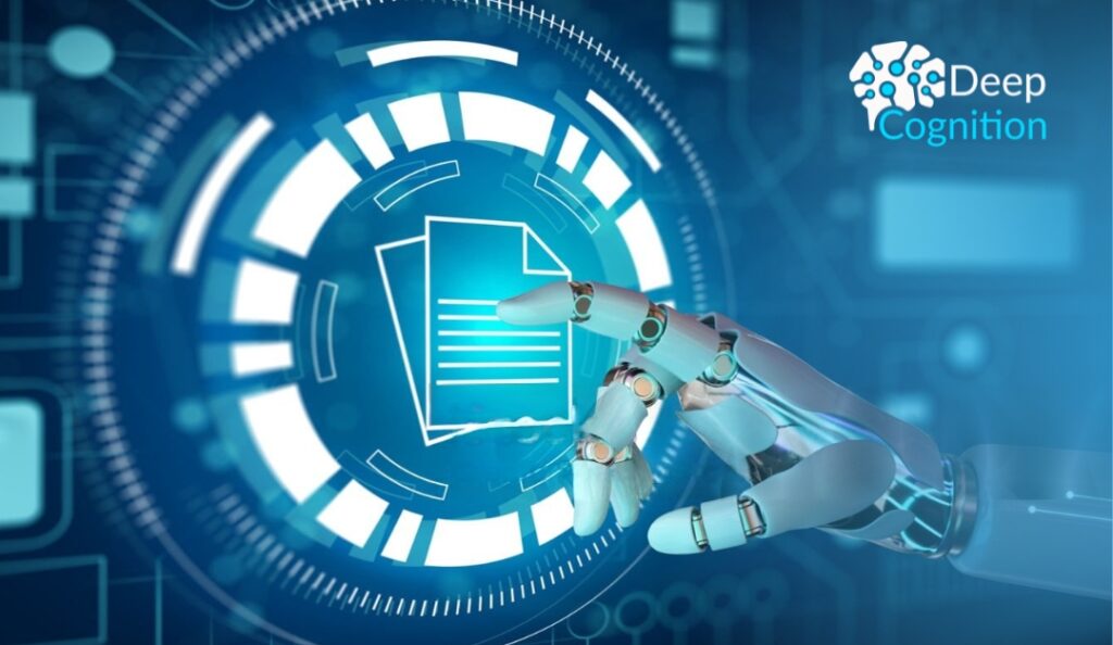 Futuristic blue-toned graphic showing a robotic hand reaching toward a highlighted digital document icon within a circular, HUD-style interface, representing AI-driven document processing, with the Deep Cognition logo displayed in the corner.