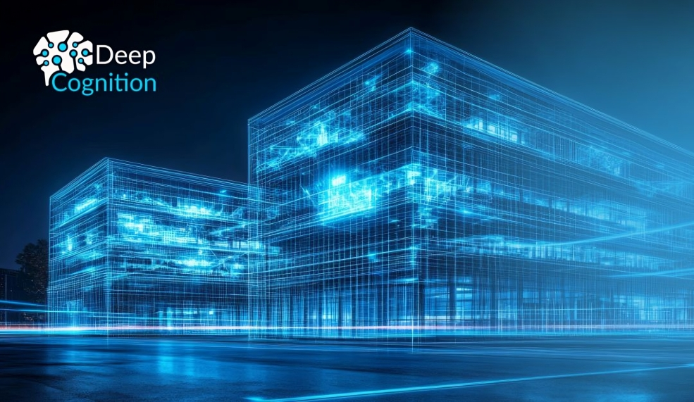 Futuristic digital rendering of a modern office building shown as a glowing blue wireframe, with the Deep Cognition logo in the top-left corner.