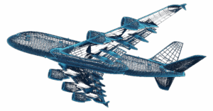 Graphic illustrating a blue wireframe airplane flying