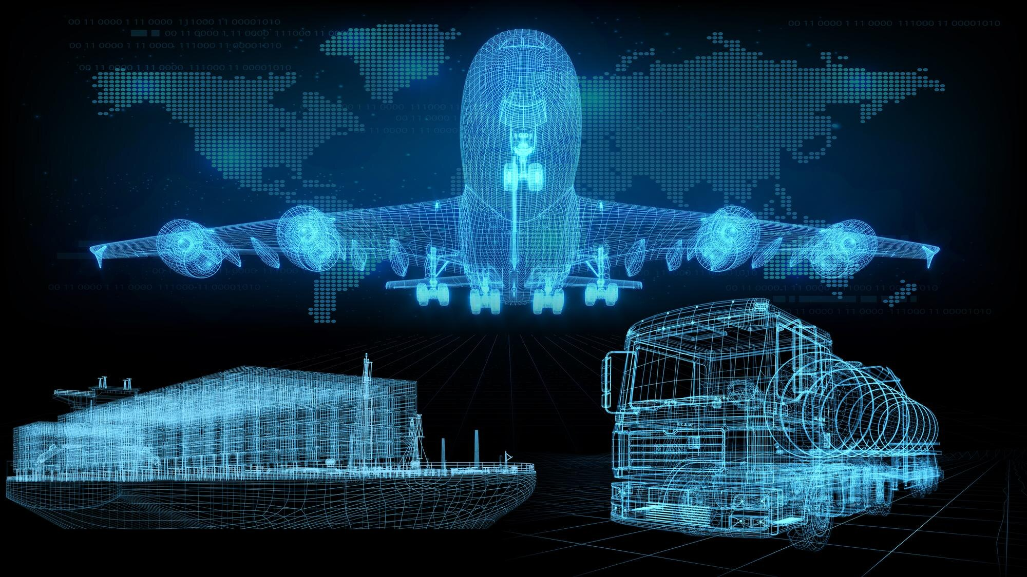 Graphic illustrating a plane, a freight ship and a truck in a neon blue wireframe style