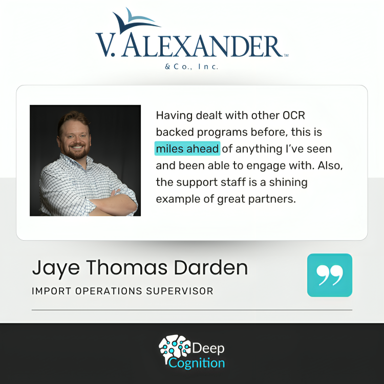 Customer testimonial graphic for V Alexander & Co., Inc featuring a portrait of Jaye Thomas Darden, Import Operations Supervisor. The quote highlights PaperEntry AI as being miles ahead of any other OCR backed programs. Deep Cognition logo appears at the bottom.