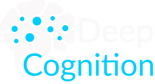 Deep Cognition logo featuring a stylized white brain made of connected nodes with blue circular highlights, alongside the words ‘Deep Cognition’ in white and blue on a black background.