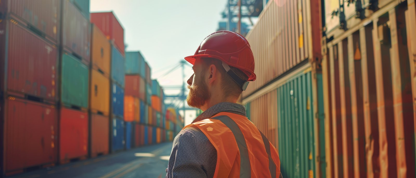 Dock worker in a hard hat walking between stacked shipping containers at a freight terminal, representing the operational side of freight forwarding that Agentic TMS supports in parallel.