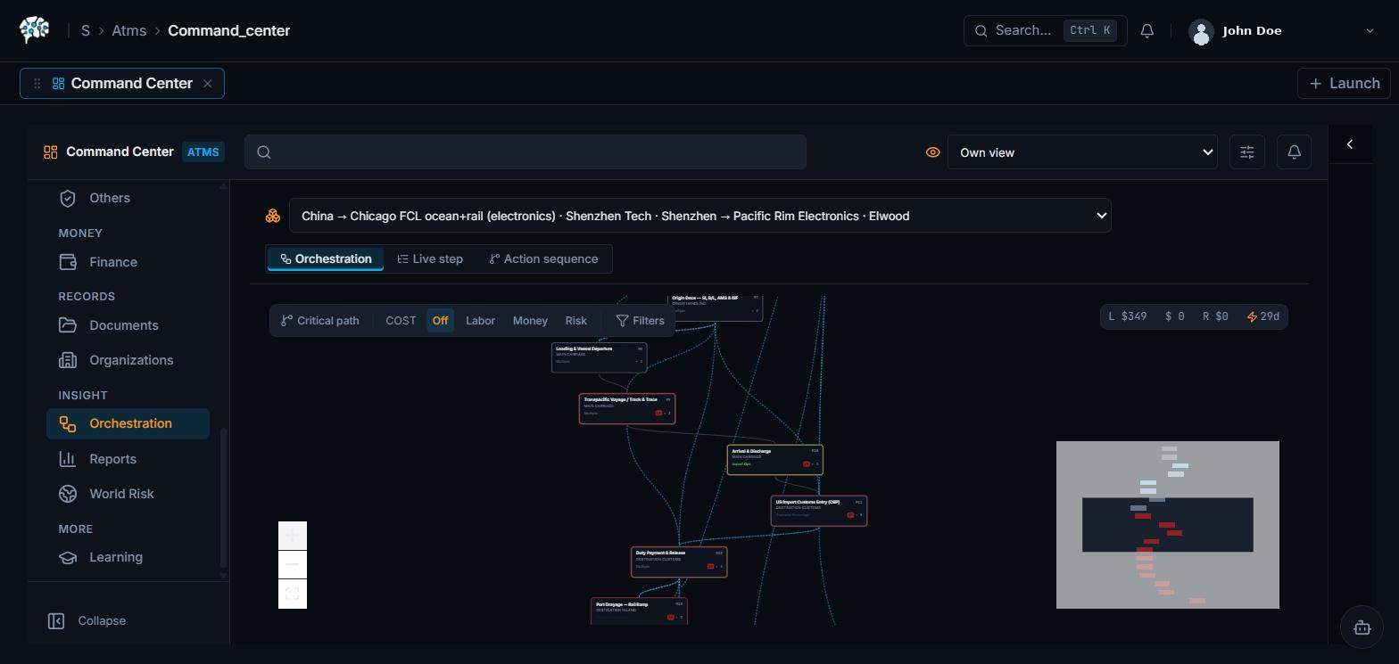 Agentic TMS Command Center with Approval Inbox, Agent Advisor, batch decision panel, and SLA buffer alerts