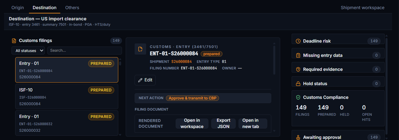 Customs: Invoice and packing list data is extracted and pre-built into the entry, so the broker is checking work instead of doing it.