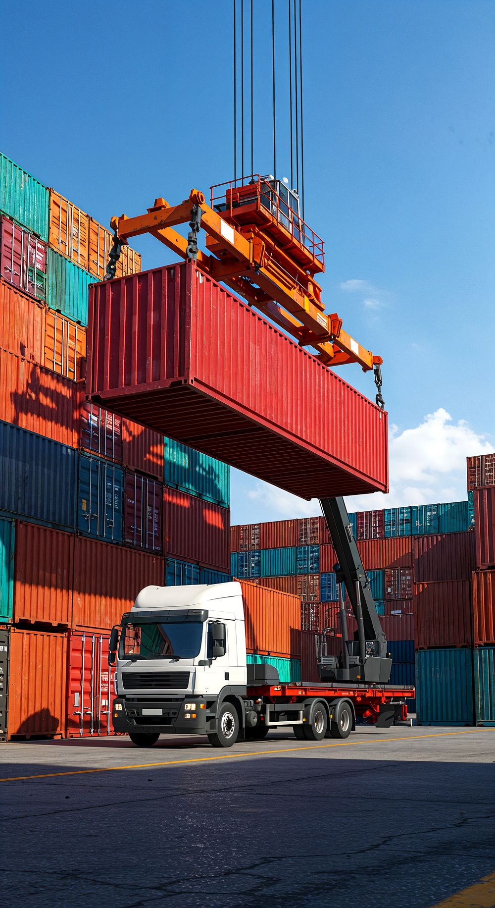 A crane lifting a red shipping container above a truck in a container yard